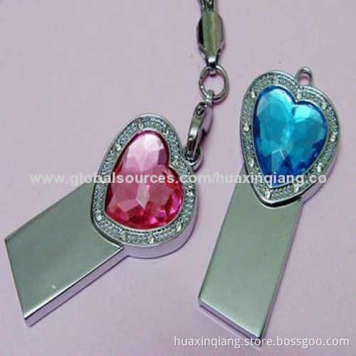 Diamond Heart USB Flash Drive, 512MB-32GB Capacity, Metal/Diamond Material, 5-Year Warranty, USB2.0